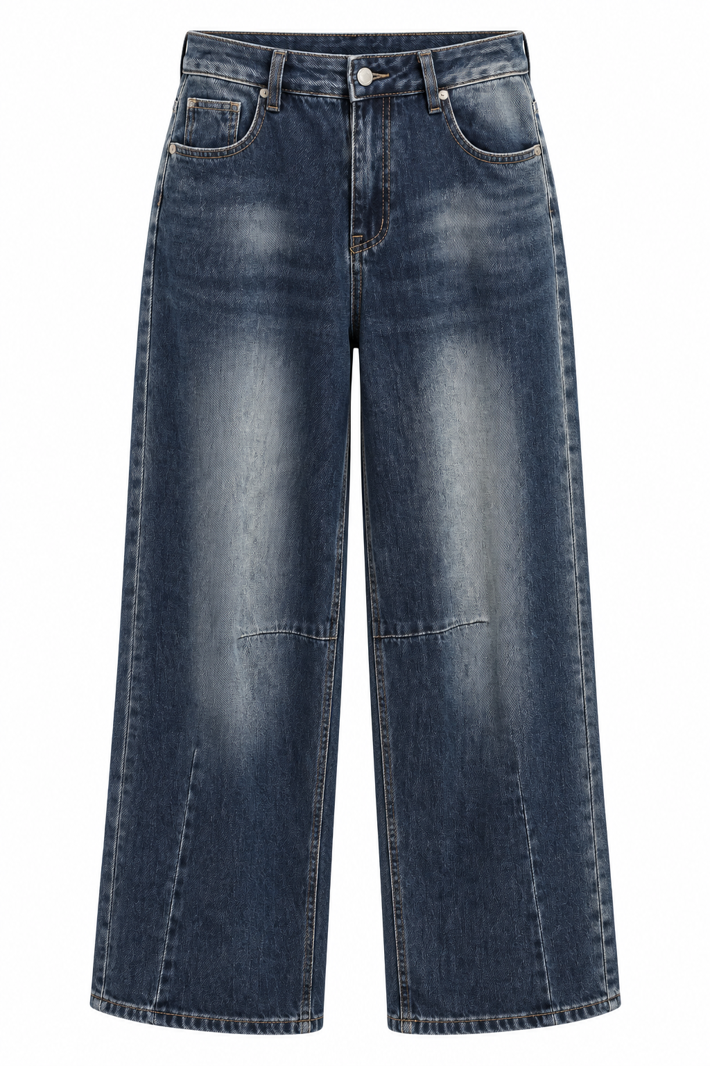 Productfoto van donkerblauwe wide leg jeans met vijf zakken, knoopsluiting en lange wijde broekspijpen op witte achtergrond