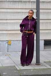 Complete plum jogging set dames met wijde broek en vest met rits