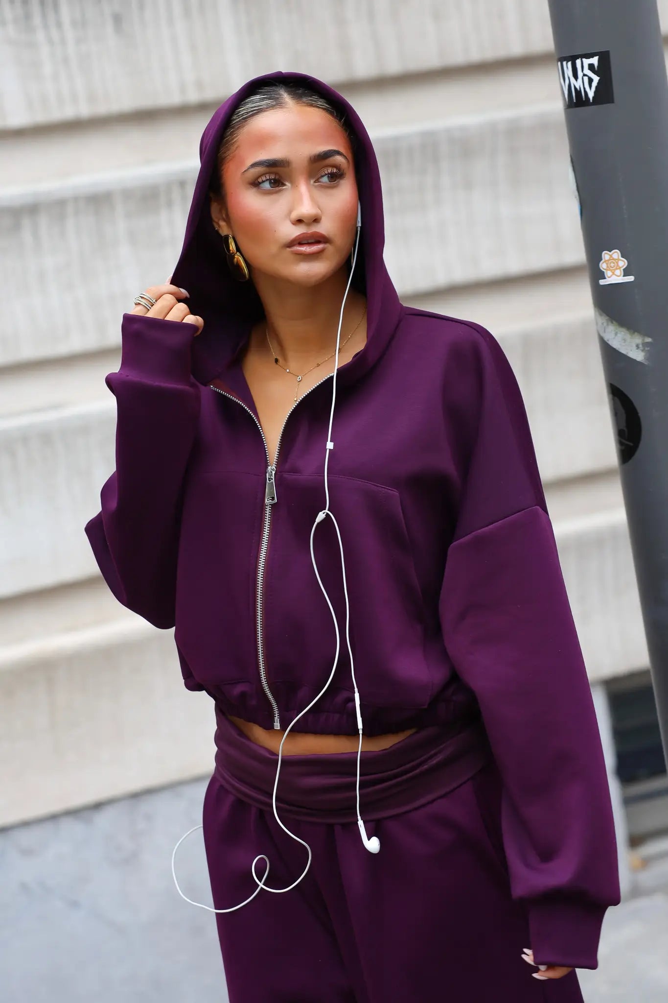 Donkerpaarse zip hoodie met capuchon en zilverkleurige ritssluiting