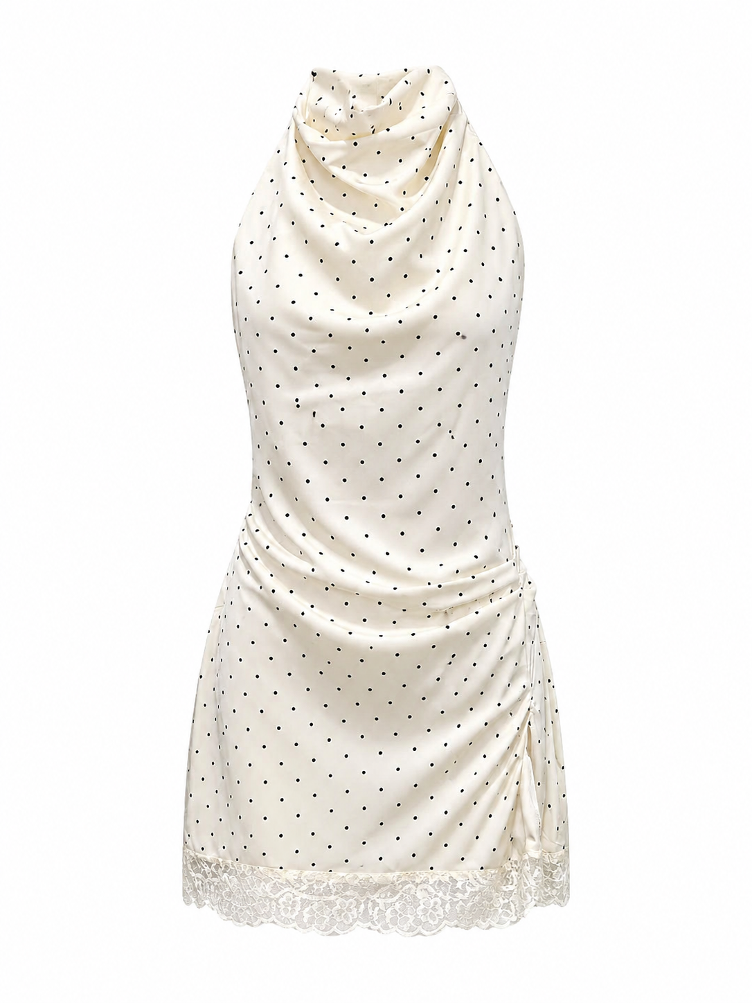 Beige polka dot jurk met kanten detail en aansluitende pasvorm dames Ladylike Fashion