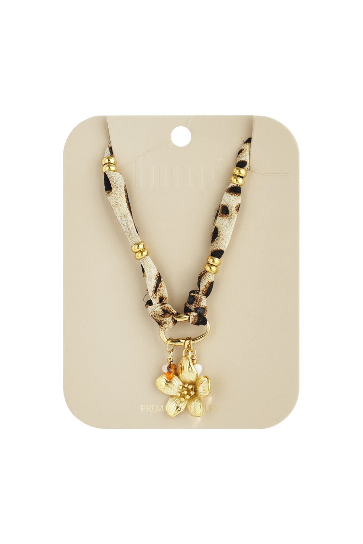 Ketting Bloem Luipaard Bruin gepresenteerd op kaart met goudkleurige accenten