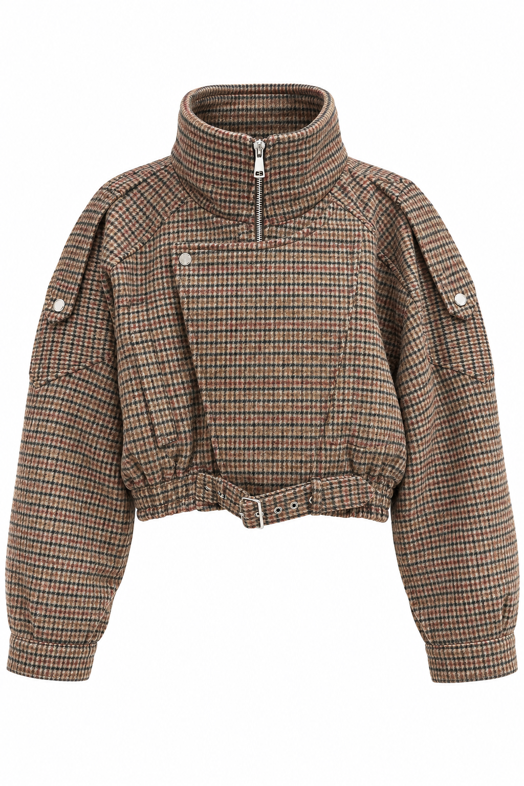 Korte Ruit Jas Hoge Kraag Camel dames met ruitprint en elastische onderkant