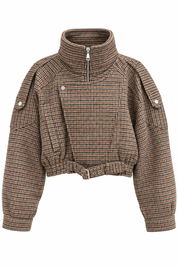 Korte Ruit Jas Hoge Kraag Camel dames met ruitprint en elastische onderkant
