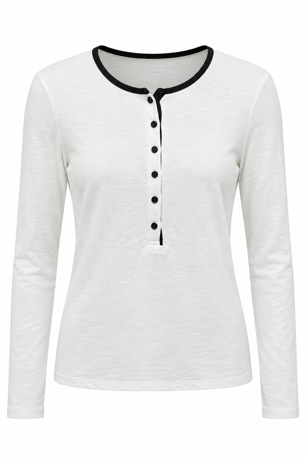 Crème longsleeve shirt voor dames met ronde hals zwarte bies en rij zwarte knoopjes op witte achtergrond
