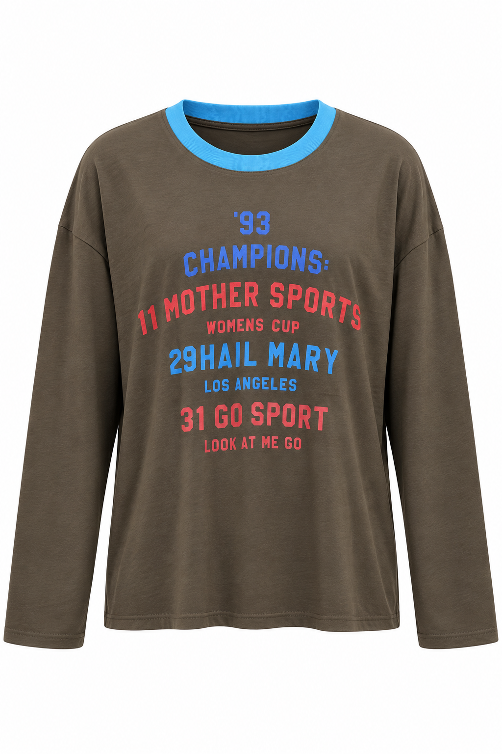 Bruine Champions longsleeve met blauwe halsboord en rode blauwe opdruk op witte achtergrond
