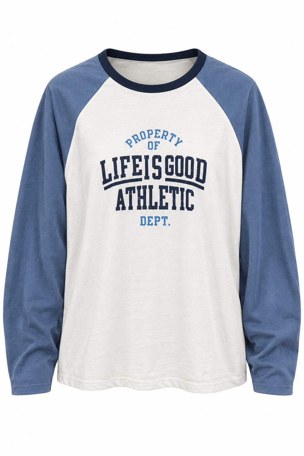 Productfoto van witte Athletic longsleeve met blauwe raglanmouwen, ronde hals en Life Is Good Athletic opdruk