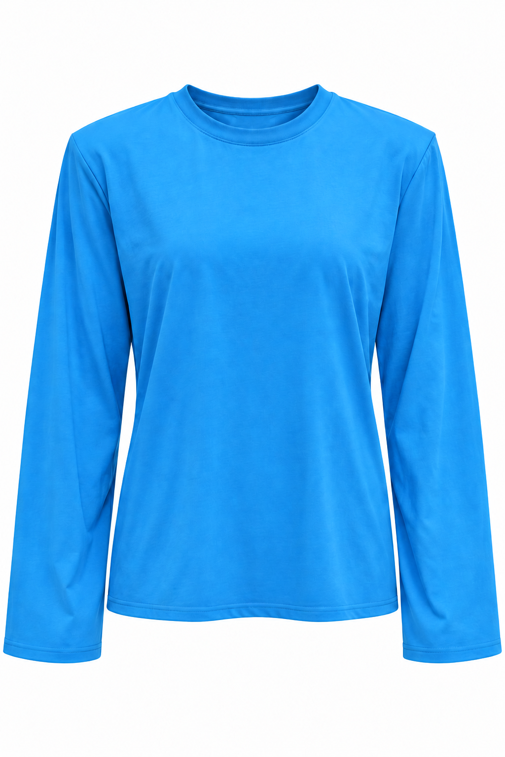 Productfoto van helderblauwe dames longsleeve met ronde hals, lange mouwen en rechte onderkant op witte achtergrond