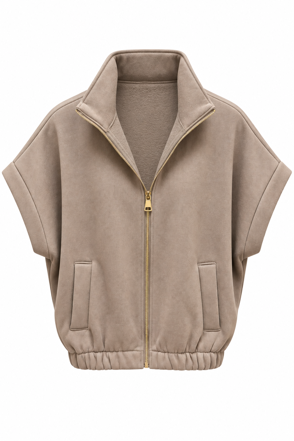 Taupe oversized vest met openstaande kraag en elastische onderkant op witte achtergrond