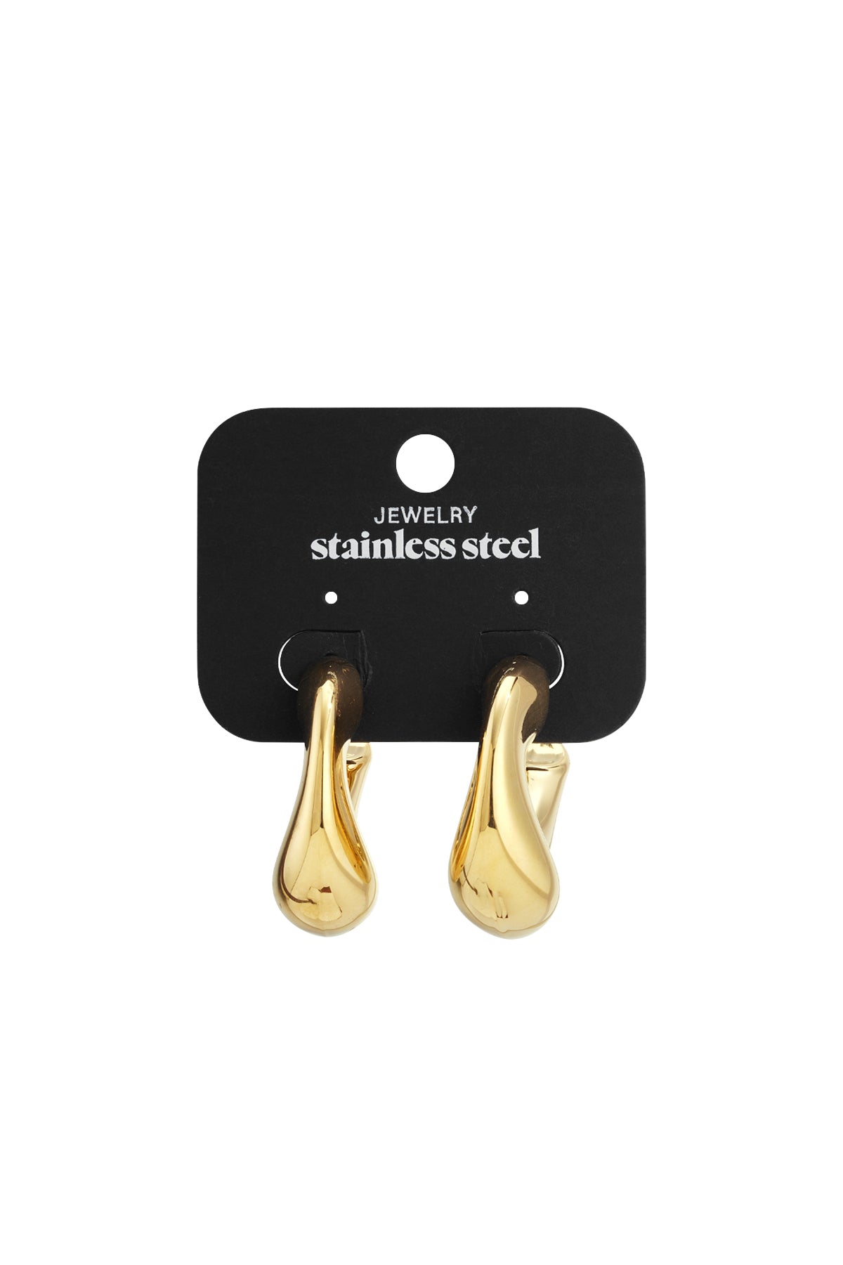 Ronde gouden oorbellen op zwart kaartje van stainless steel