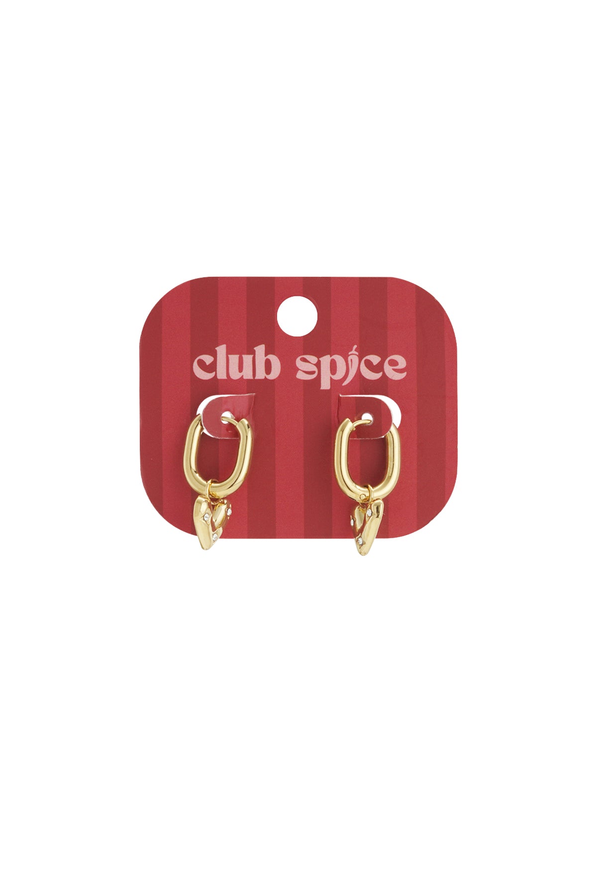 Gouden hartvormige oorbellen met strass op rood kaartje