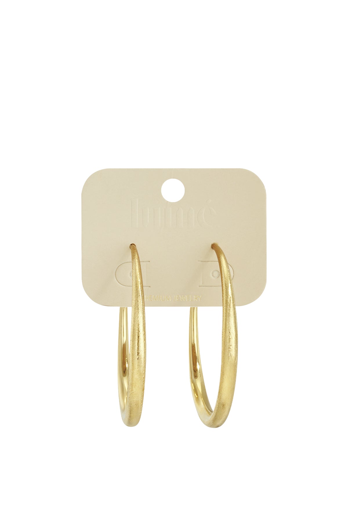 Oorbellen Ringen Uitlopend Goud bevestigd op beige sieradenkaart