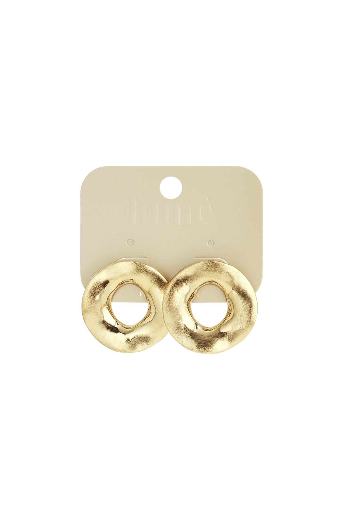 Oorbellen Ronde Vorm Goud bevestigd op beige sieradenkaart