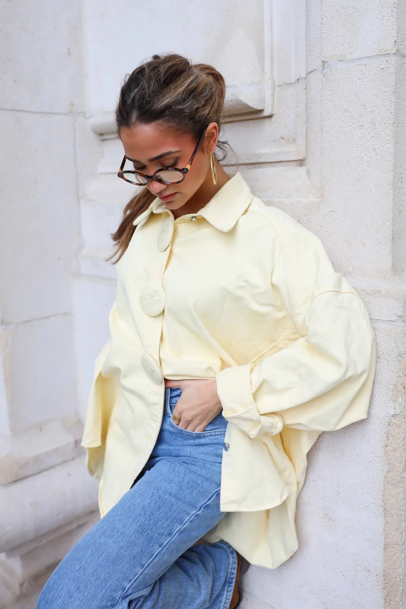 detail jeans stof van oversized denim blouse geel