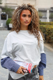 Oversized grijs shirt met ruitmouwen voor dames