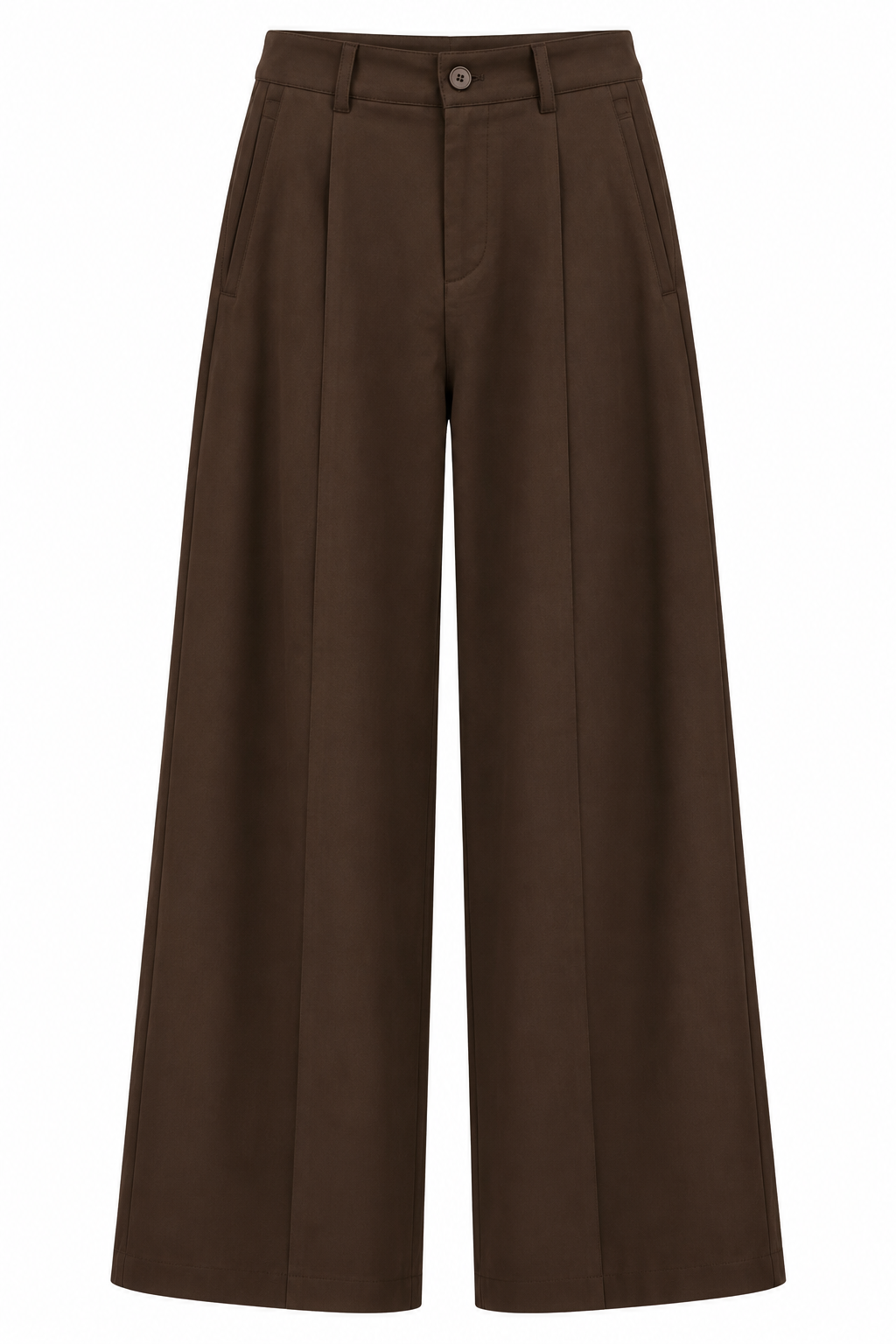 Donkerbruine wide leg pantalon voor dames met hoge taille plooien aan de voorkant en lange wijde broekspijpen