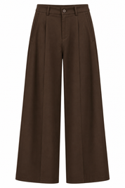 Donkerbruine wide leg pantalon voor dames met hoge taille plooien aan de voorkant en lange wijde broekspijpen