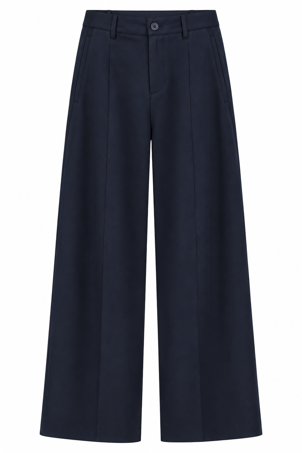 Donkerblauwe wide leg pantalon met hoge taille riemlussen plooien en lange rechte broekspijpen op witte achtergrond
