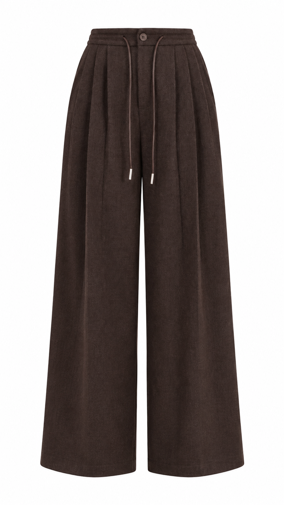 Bruine wide fit pantalon met wijde pijpen plooien aan de voorkant en strikkoord op witte achtergrond
