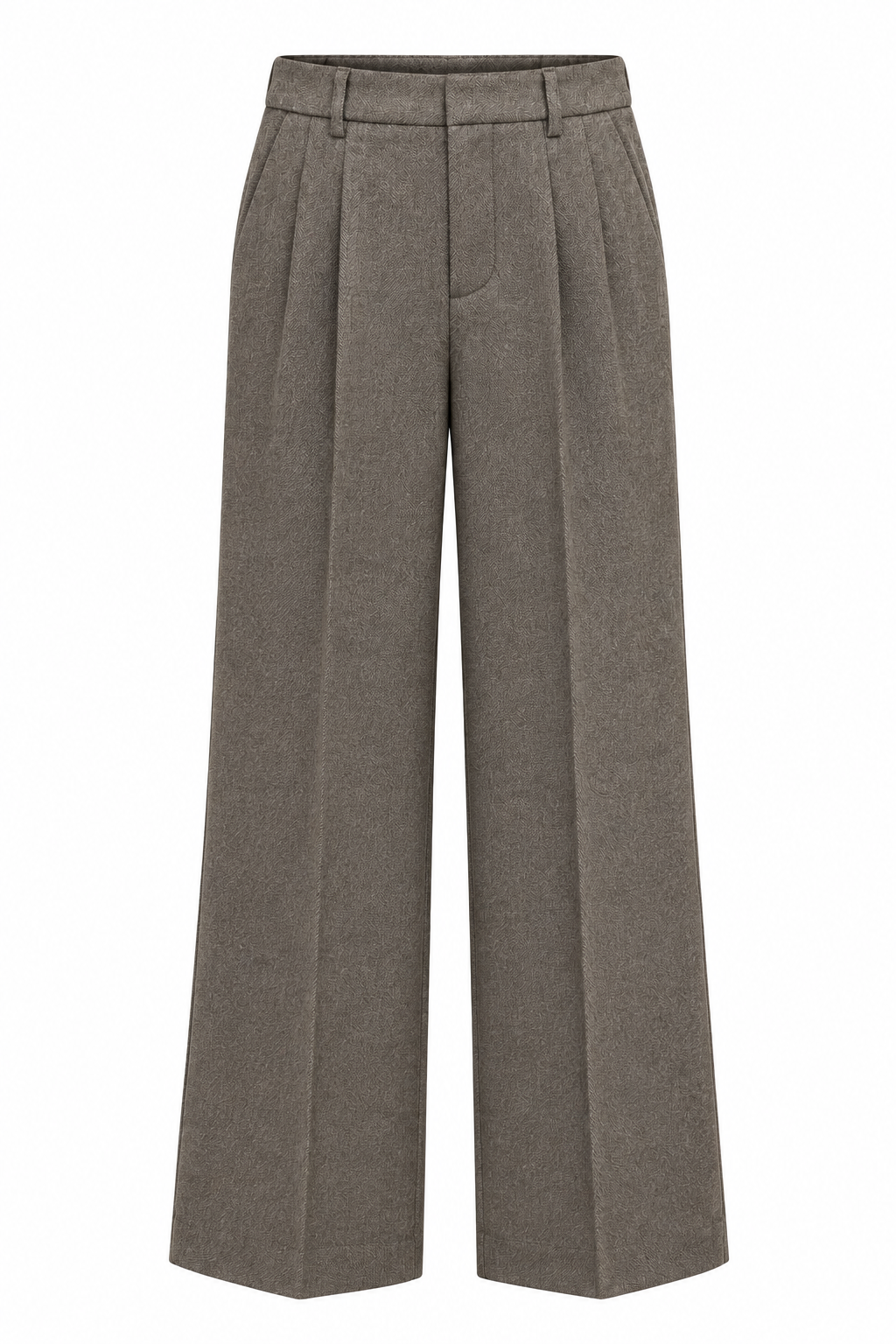 Taupe wide leg pantalon voor dames met hoge taille plooien aan de voorkant en lange rechte broekspijpen op witte achtergrond