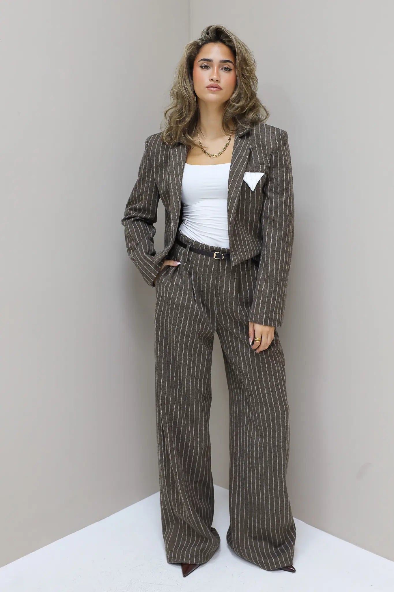 pantalon gestreept donker bruin draagfoto ladylike