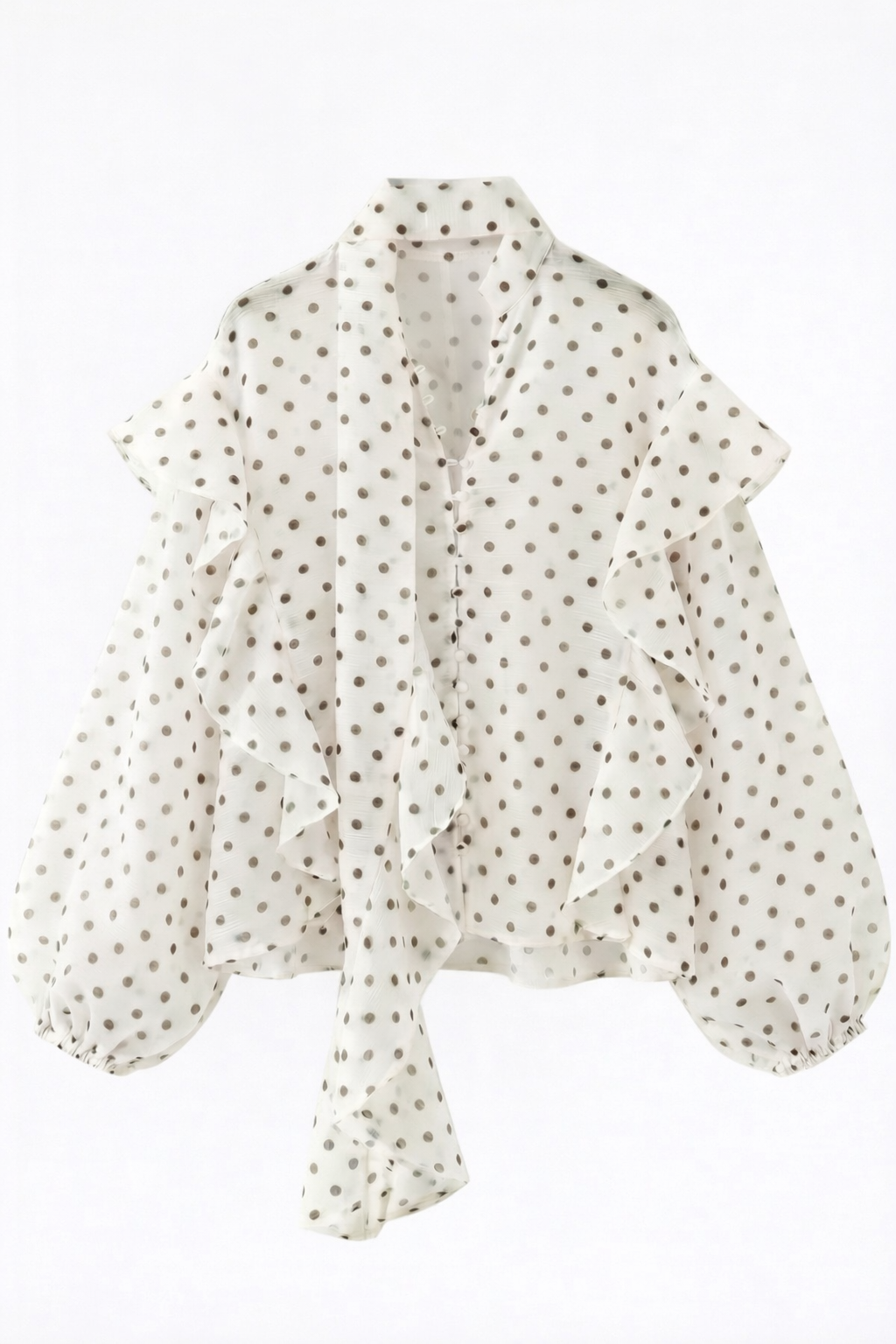 polka dot blouse ballon mouwen beige met stippen en sjaal