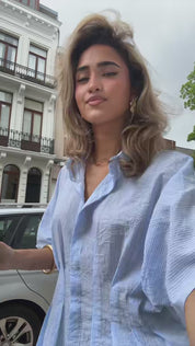 Blouse Korte Mouwen Plooien Blauw