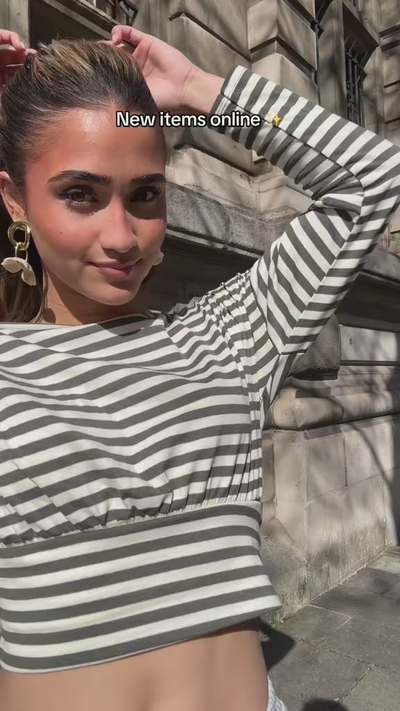 Off Shoulder Top Gestreept Khaki