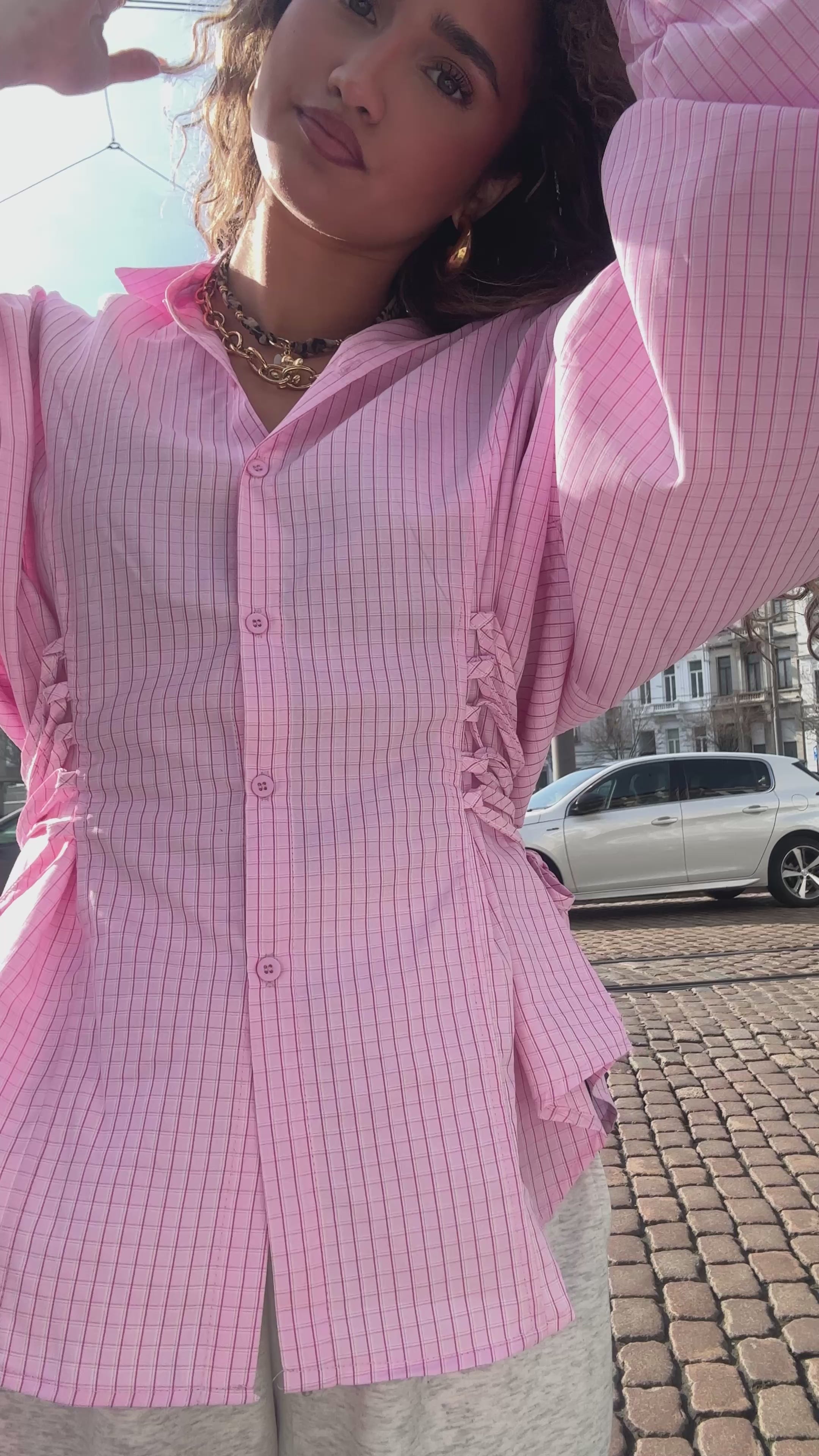 Ruit Blouse Taille Effect Roze