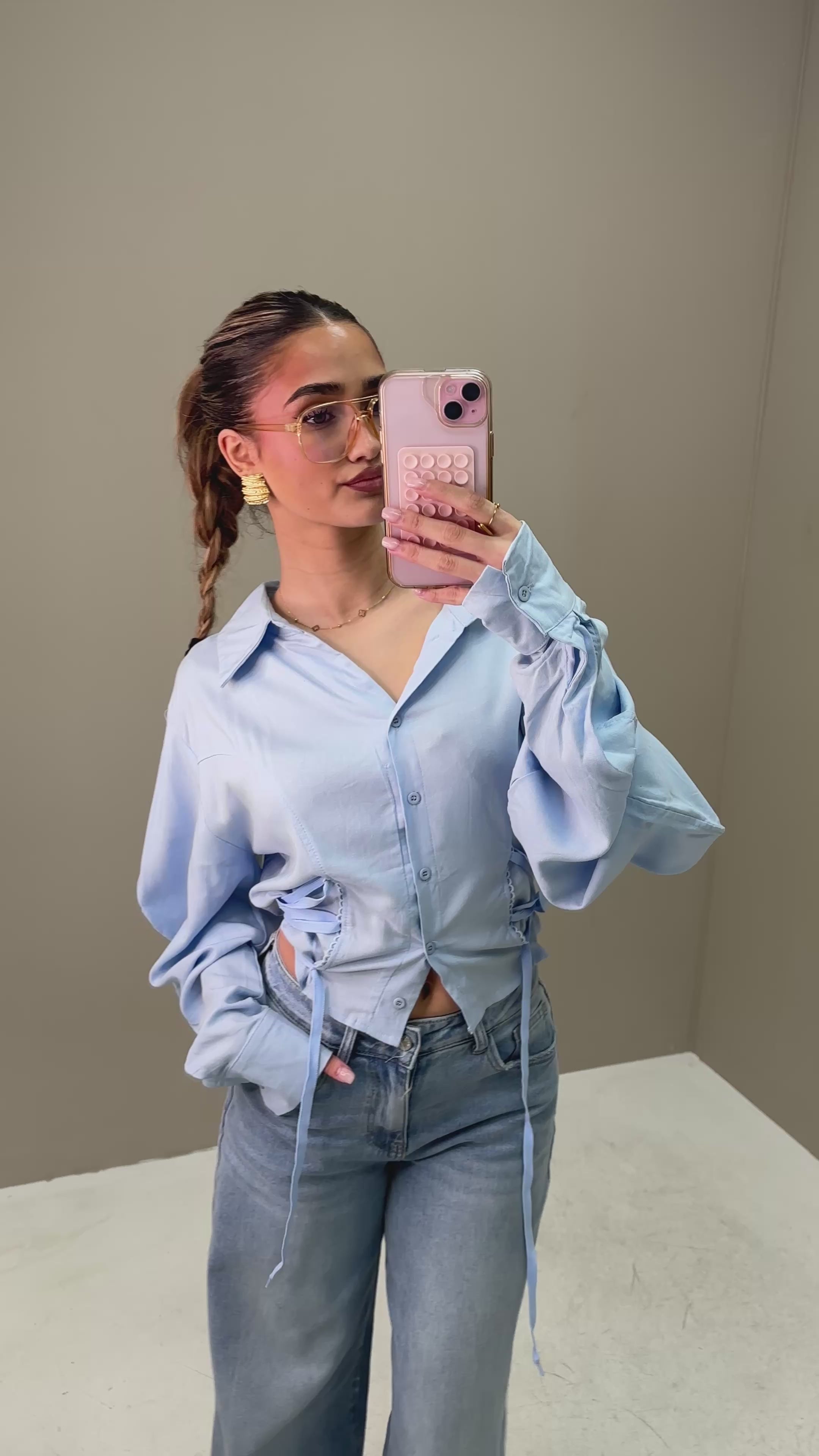 Korte Blouse Taille Effect Blauw