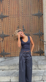 Pantalon Wide Leg Plooien Donker Blauw