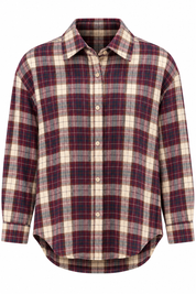Ruit Blouse Bordeaux dames met lange mouwen, kraag en knoopsluiting