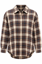 Ruit Blouse Bruin dames met lange mouwen, kraag en knoopsluiting