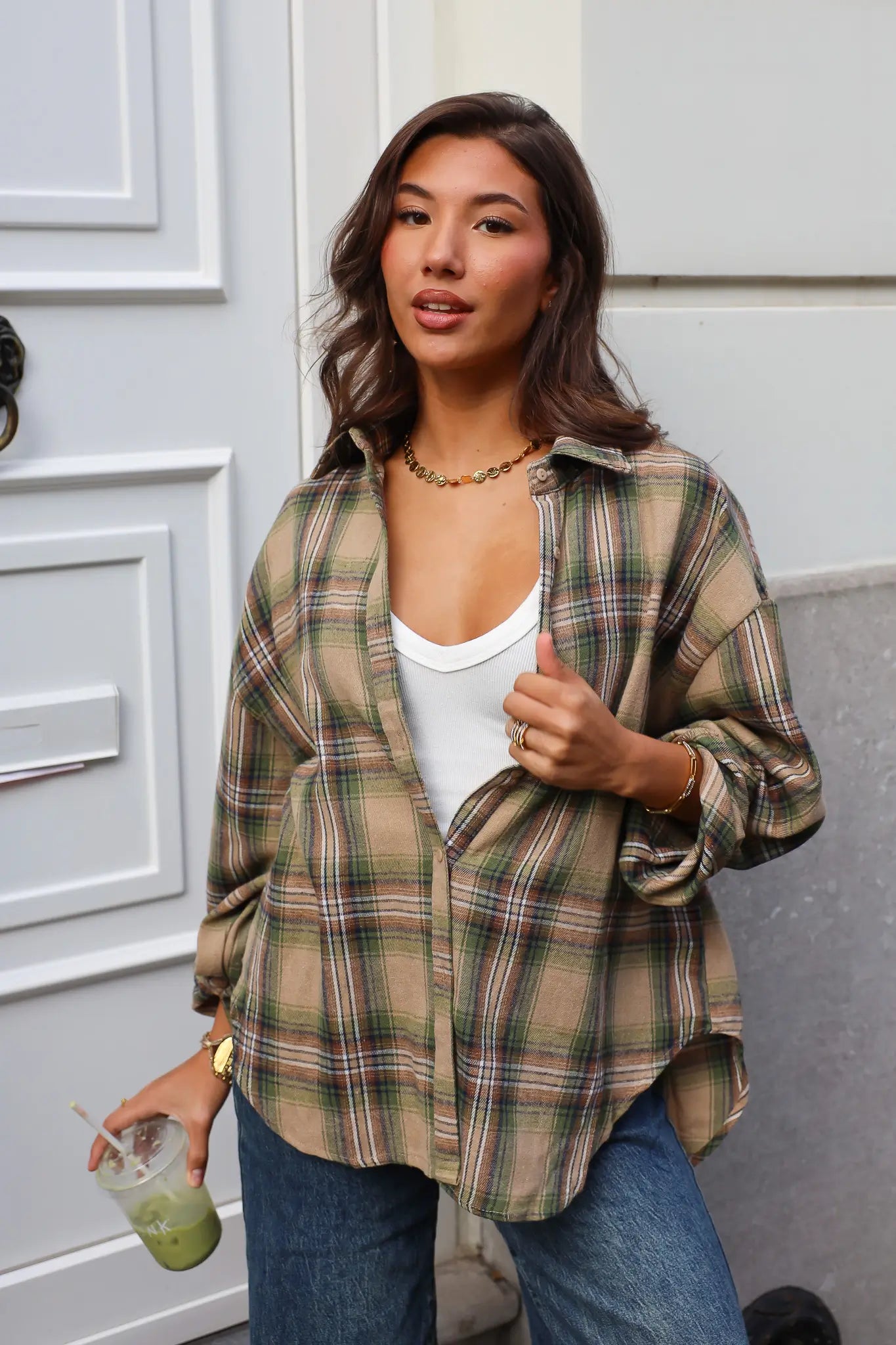 Ruit blouse groen dames met flannel look en lange mouwen