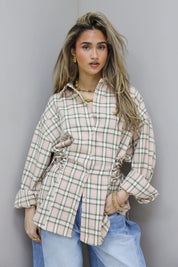 beige ruit blouse dames lange mouwen outfit ladylike