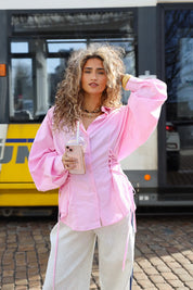roze ruit blouse dames met taille effect outfit ladylike