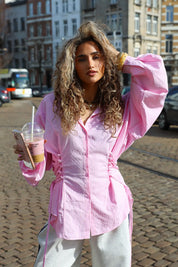 roze ruit blouse dames streetstyle outfit ladylike