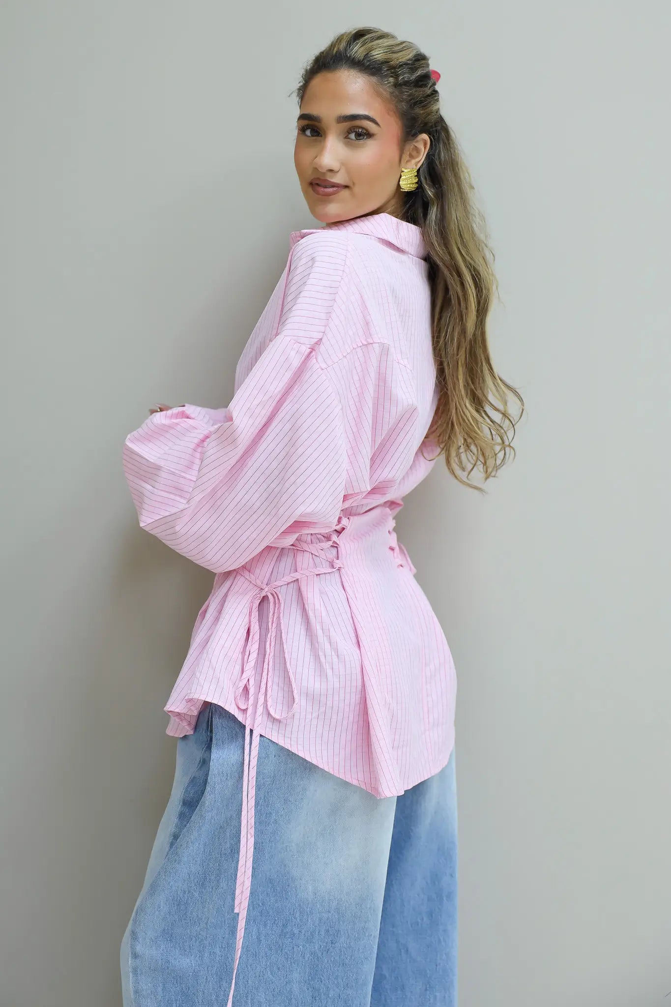 roze ruit blouse dames achterkant studio ladylike