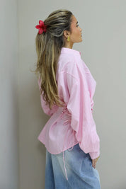 roze ruit blouse dames studio outfit ladylike
