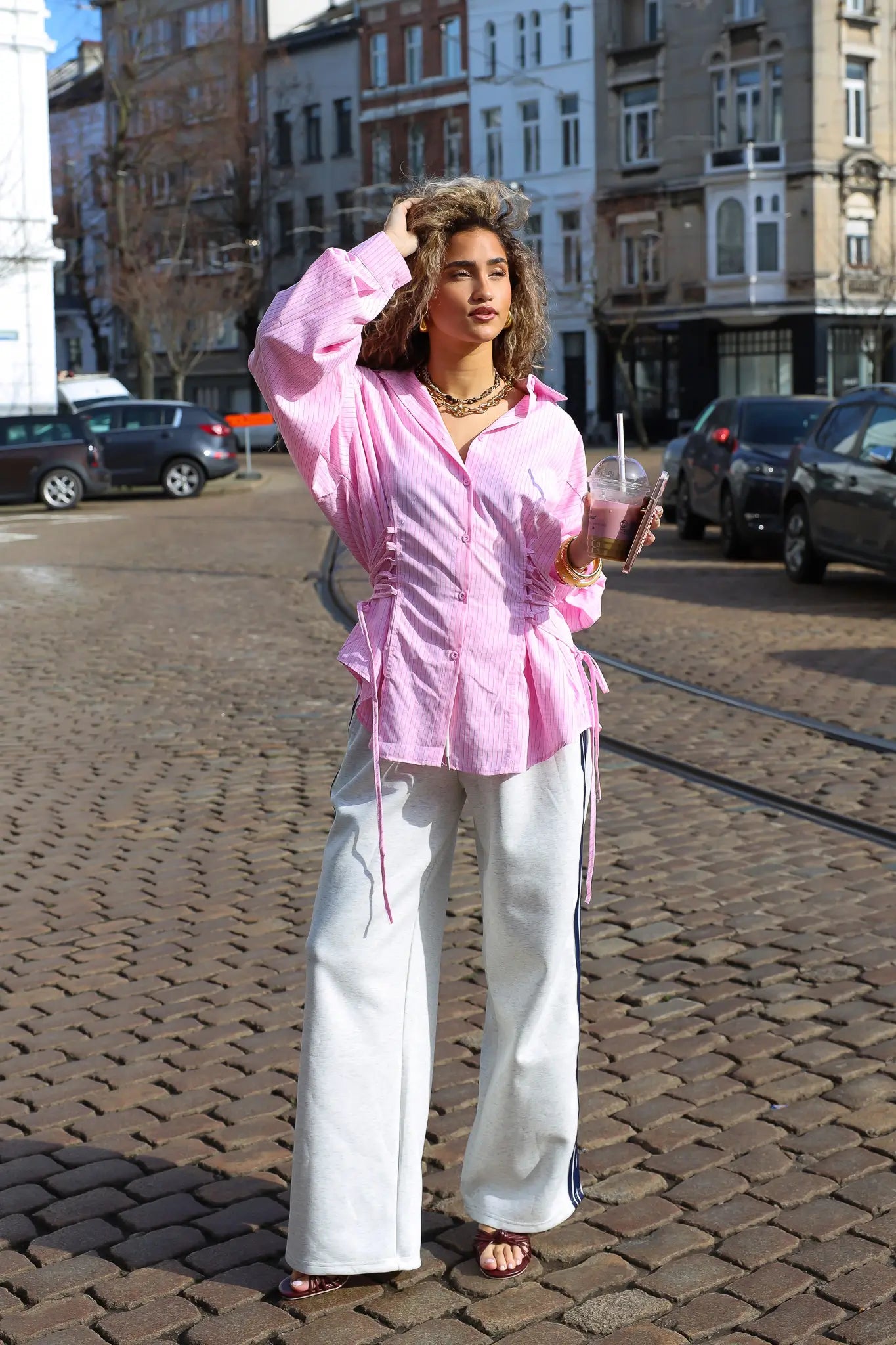 roze ruit blouse dames volledige outfit straat ladylike