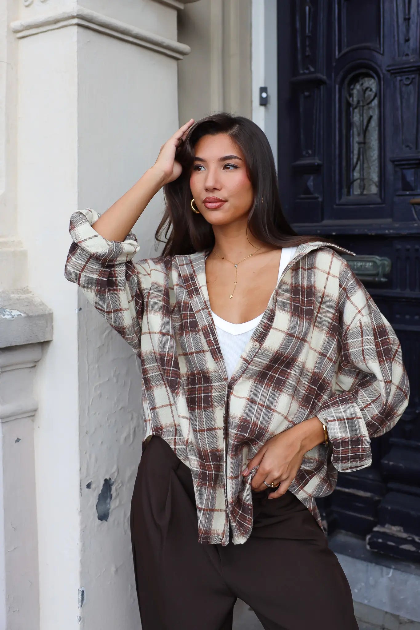 Ruitjes flannel blouse camel dames met witte top