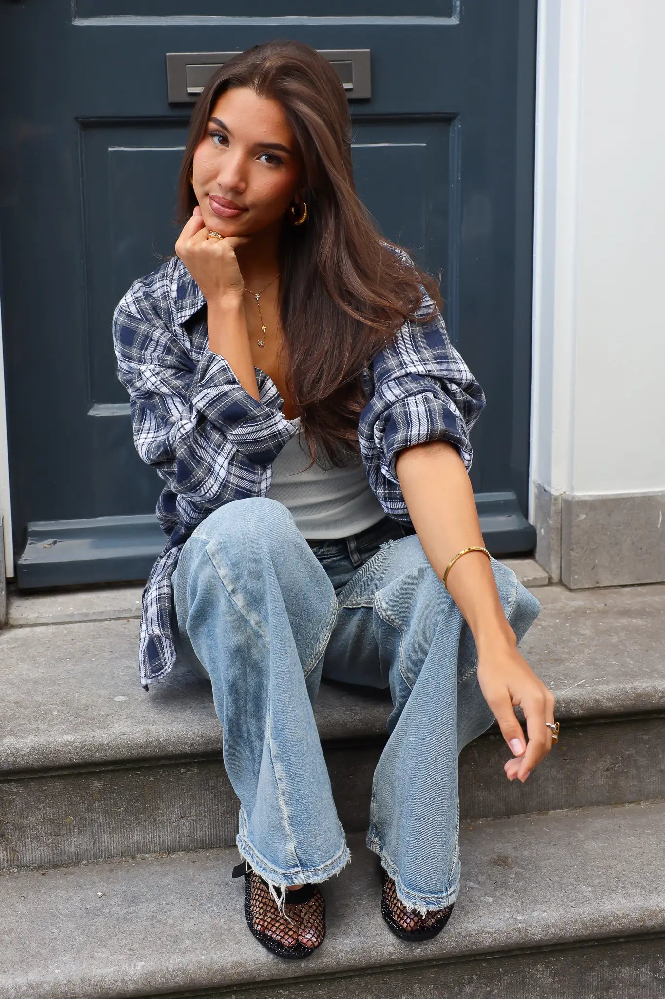 Ruitjes flannel blouse donker blauw dames met lange mouwen
