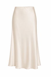 beige satijnen maxi rok met elastische taille voorkant