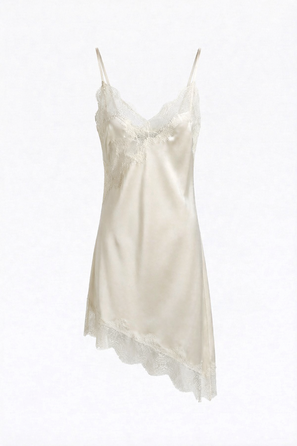 satijnen slipdress asymmetrisch beige met kant onderzijde en dunne bandjes