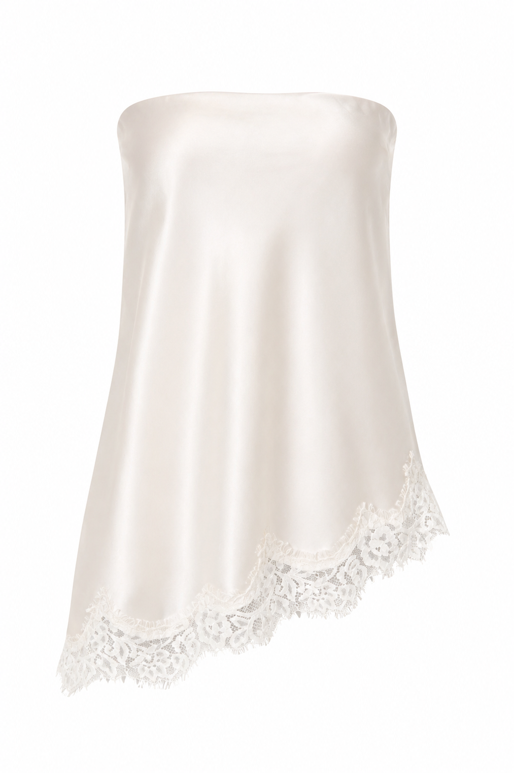 beige strapless satijnen top met kant onderaan voorkant
