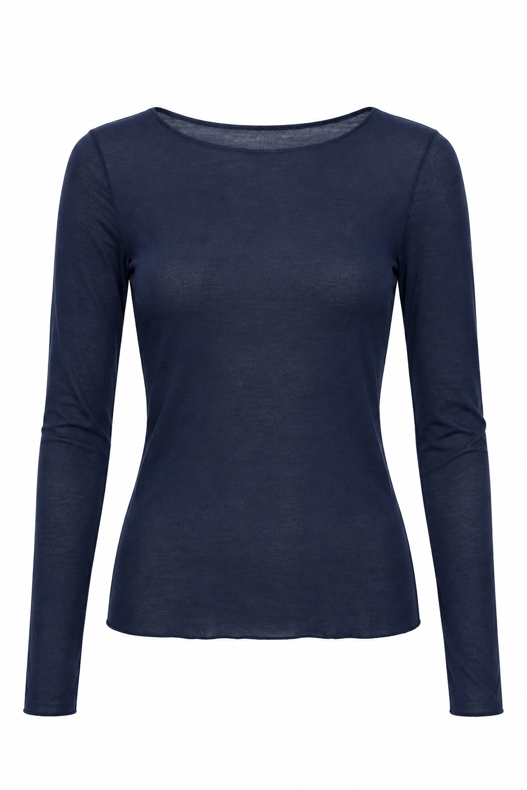 Donkerblauw cashmere longsleeve shirt voor dames met ronde hals lange mouwen en aangesloten pasvorm op witte achtergrond