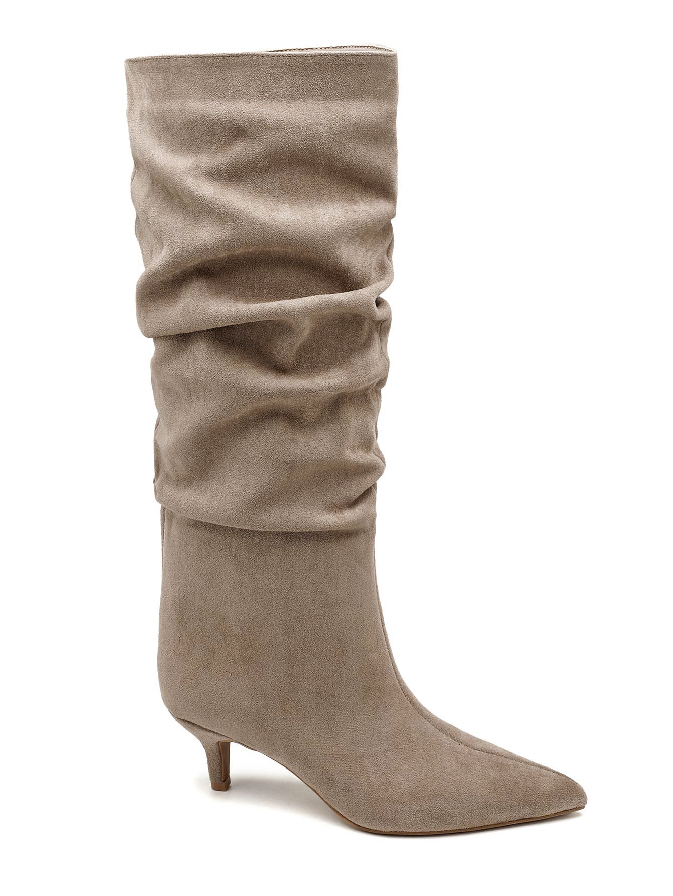 slouchy suede look laarzen beige zijkant met kitten heel