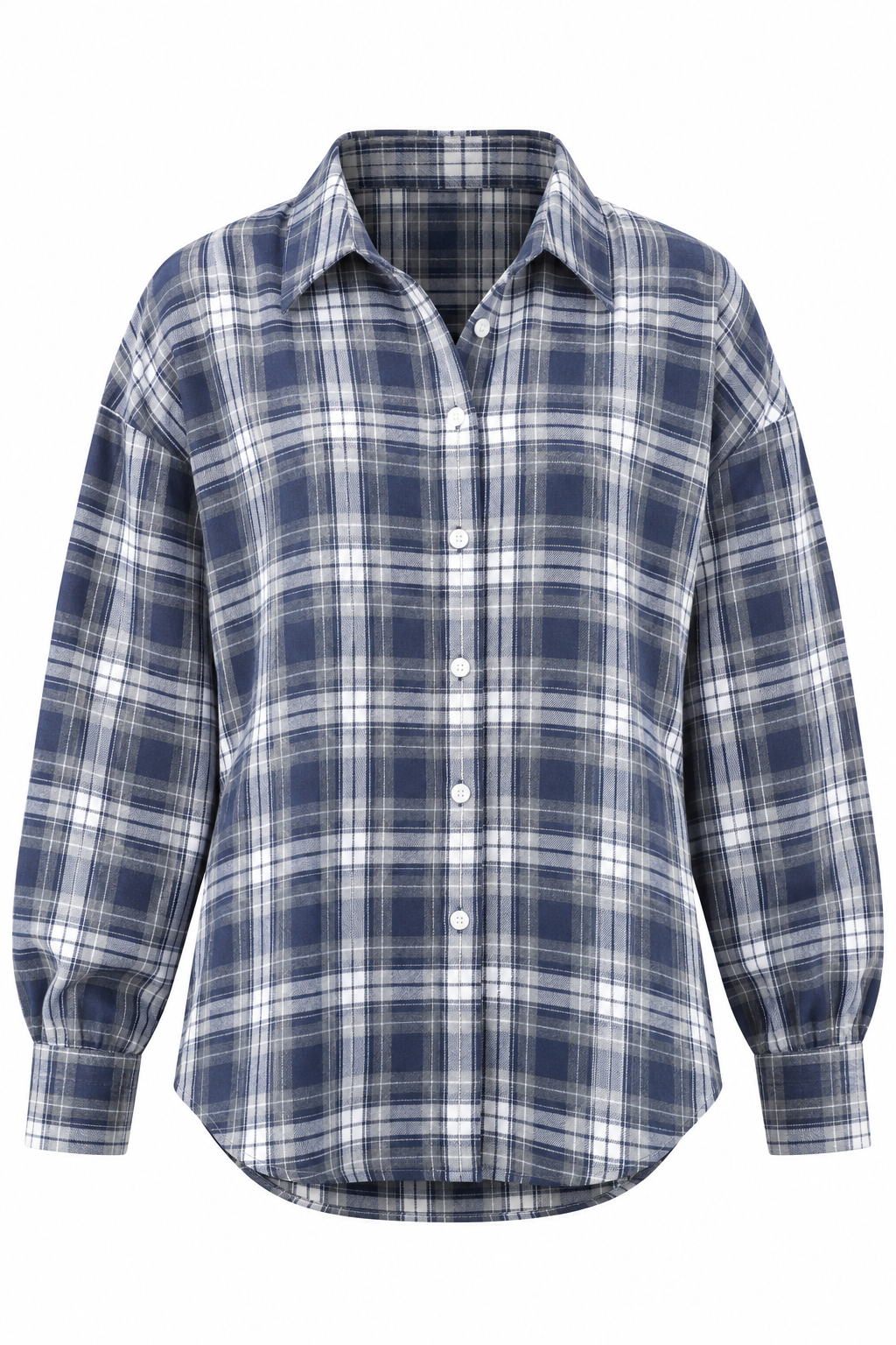 Soft Flannel Ruit Blouse Donker Blauw dames met kraag, knoopsluiting en lange mouwen