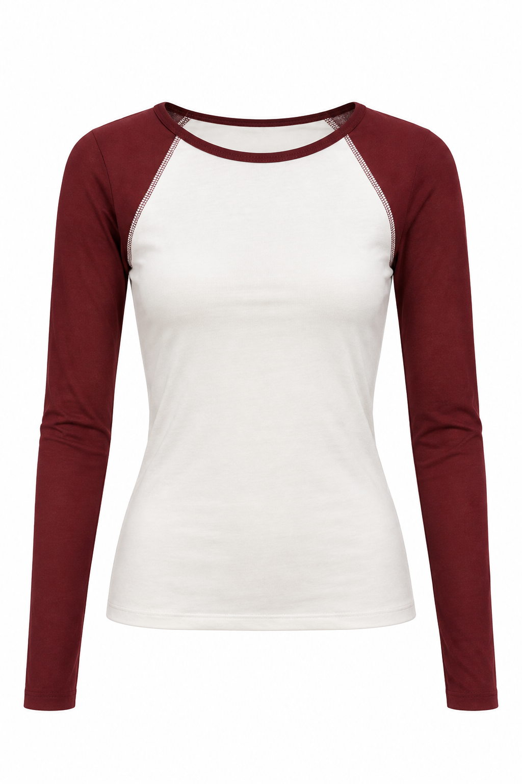 Wit fitted raglan shirt voor dames met rode lange mouwen en ronde hals op witte achtergrond