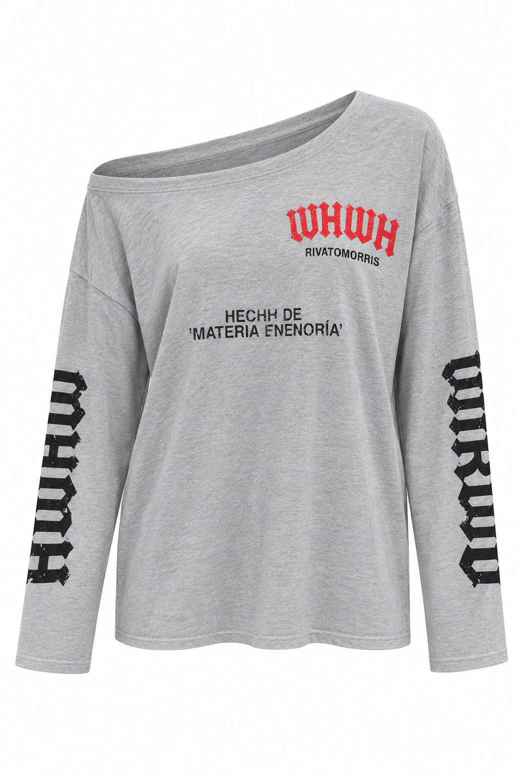T-Shirt Off Shoulder Print Grijs dames met lange mouwen en tekstprint