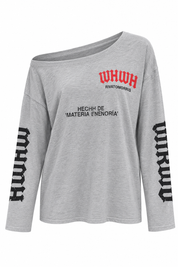T-Shirt Off Shoulder Print Grijs dames met lange mouwen en tekstprint